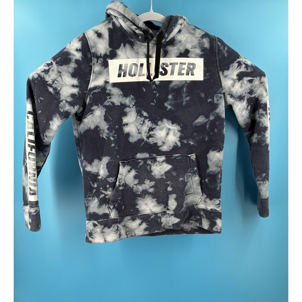 Hollister Men’s Tie Dye Pullover Hoodie Gray Black Logo Sweatshirt Size M Y2K